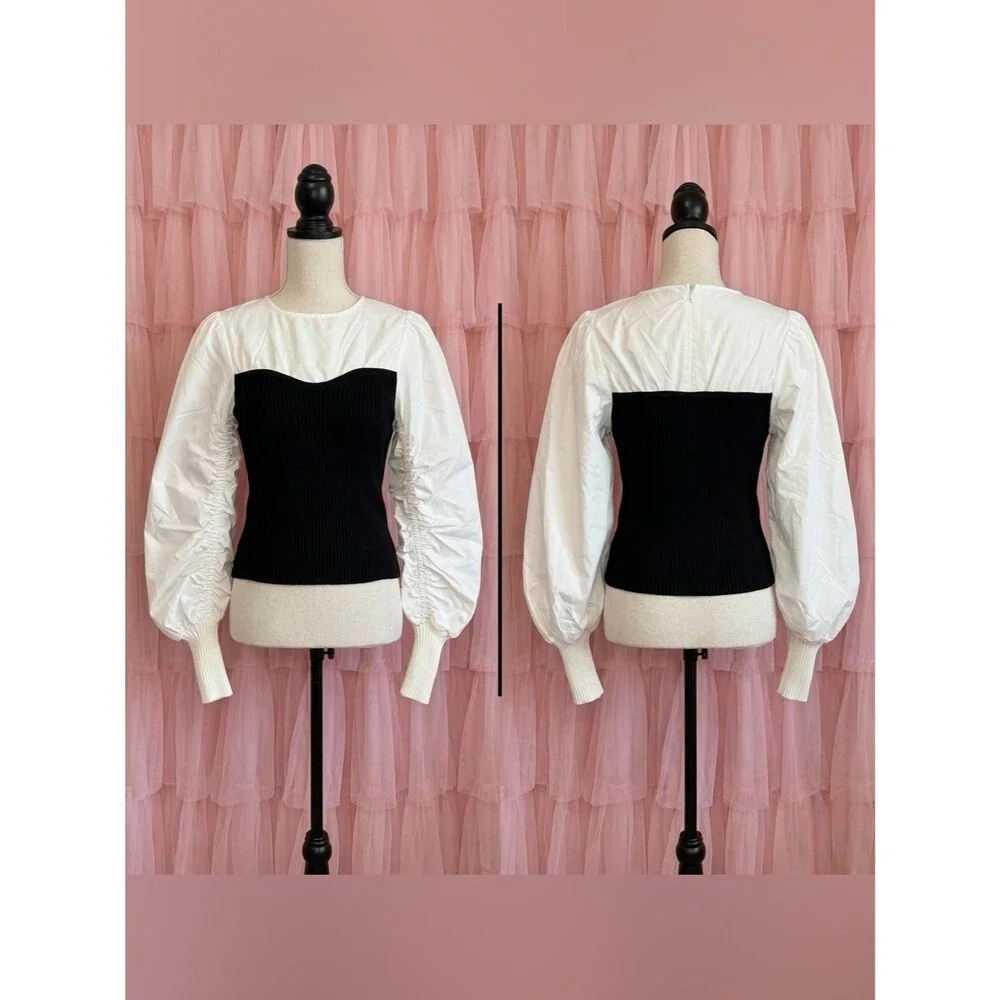 Anthropologie En Saison Women’s Black Ribbed Long Sleeved Puff Blouse Top SizeXS
